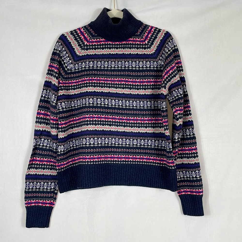J. Crew Sweater Size XL Fair Isle Navy And Pink 100% Wool - Picture 1 of 9